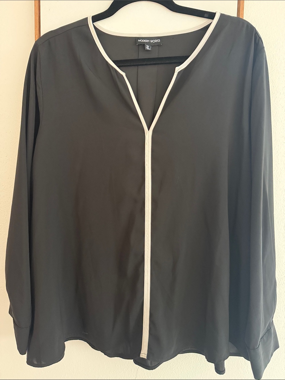 Modern Works Black Blouse with White Piping Trim